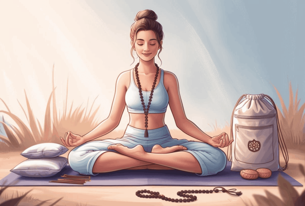 Femme assise en tailleur sur un tapis de yoga, yeux fermés, méditant dans un décor lumineux. À droite, un sac de yoga et un mala sont posés. Derrière, des herbes hautes et un fond épuré diffusent une ambiance de calme intérieur.