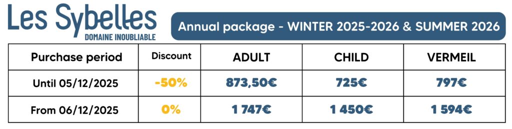 Prix des forfaits annuels - hiver 2025-2026 et été 2026 en anglais