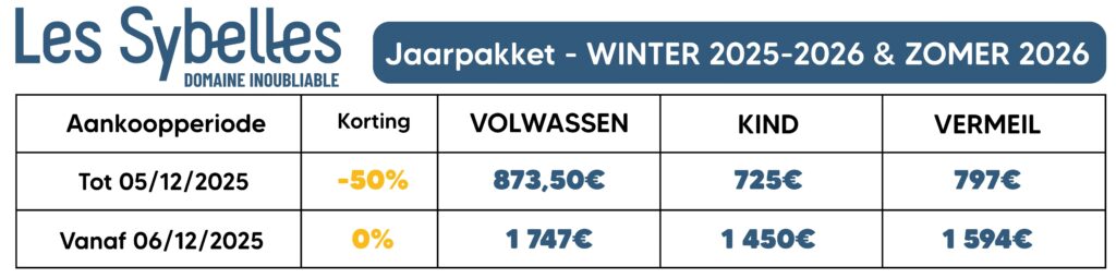 Prix des forfaits annuels - hiver 2025-2026 et été 2026 en néerlandais
