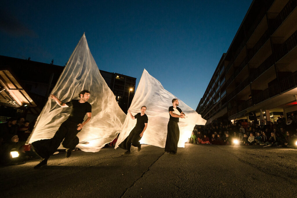 Foto 's nachts genomen in de rue verte. Het gaat over een spektakel van het Festival "Le Spectacle est dans la rue" waar we drie artiesten kunnen zien met een volledige circusvoorstelling voor publiek