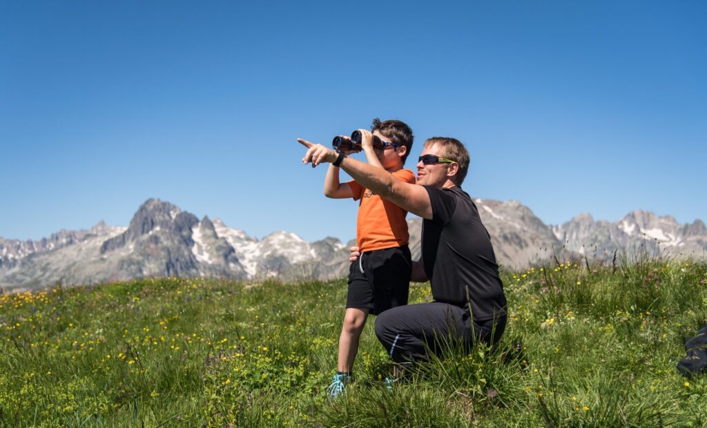 Vader en zijn zoon in een alpenweide, via een verrekijker dieren observerend in hun natuurlijke habitat