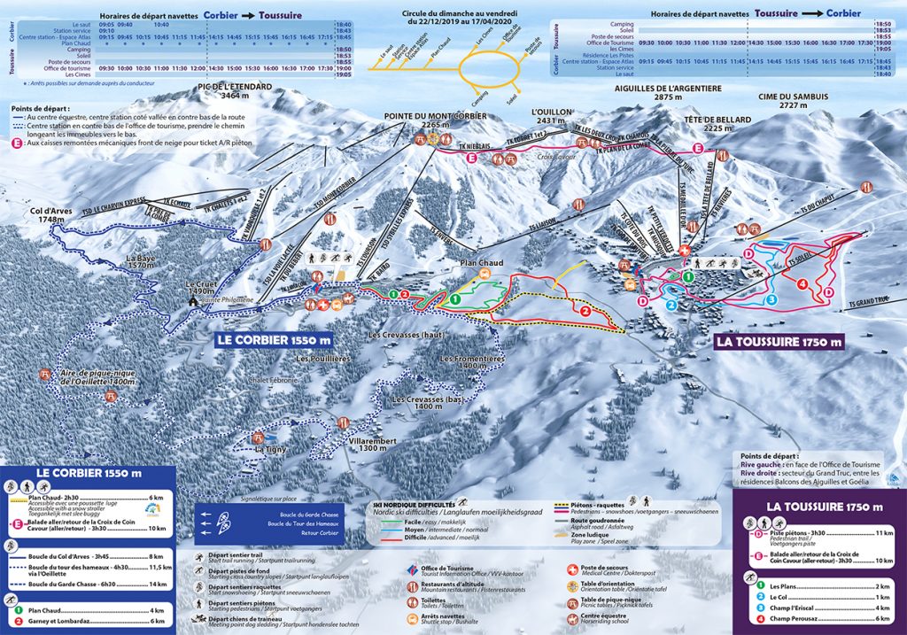 Kaart van de wandel- en sneeuwschoenwandelingen en de langlaufloipes op La Toussuire en Le Corbier