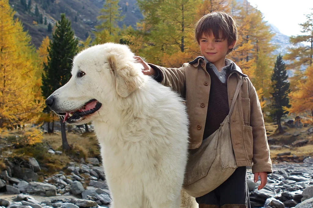 Image du film belle et sébastien. Sébastien caresse le patou. Ils sont dans une forêt avec une rivière derrière eux.