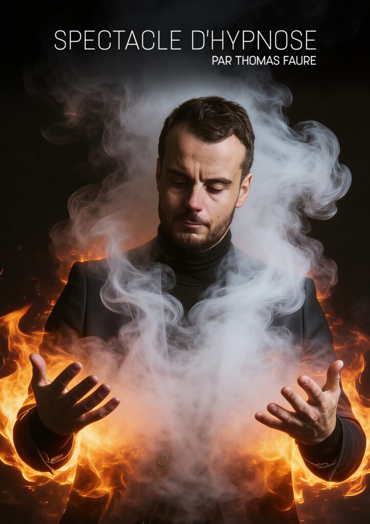 Affiche du spectacle d'hypnose de Thomas Faure. Il se tient au centre avec les mains encerclées de feu et de fumé