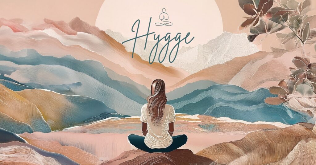 Silhouette d’une femme assise, jambes croisées, face à un paysage abstrait de montagnes en tons pastel, symbolisant la détente et la méditation dans un univers « hygge ».