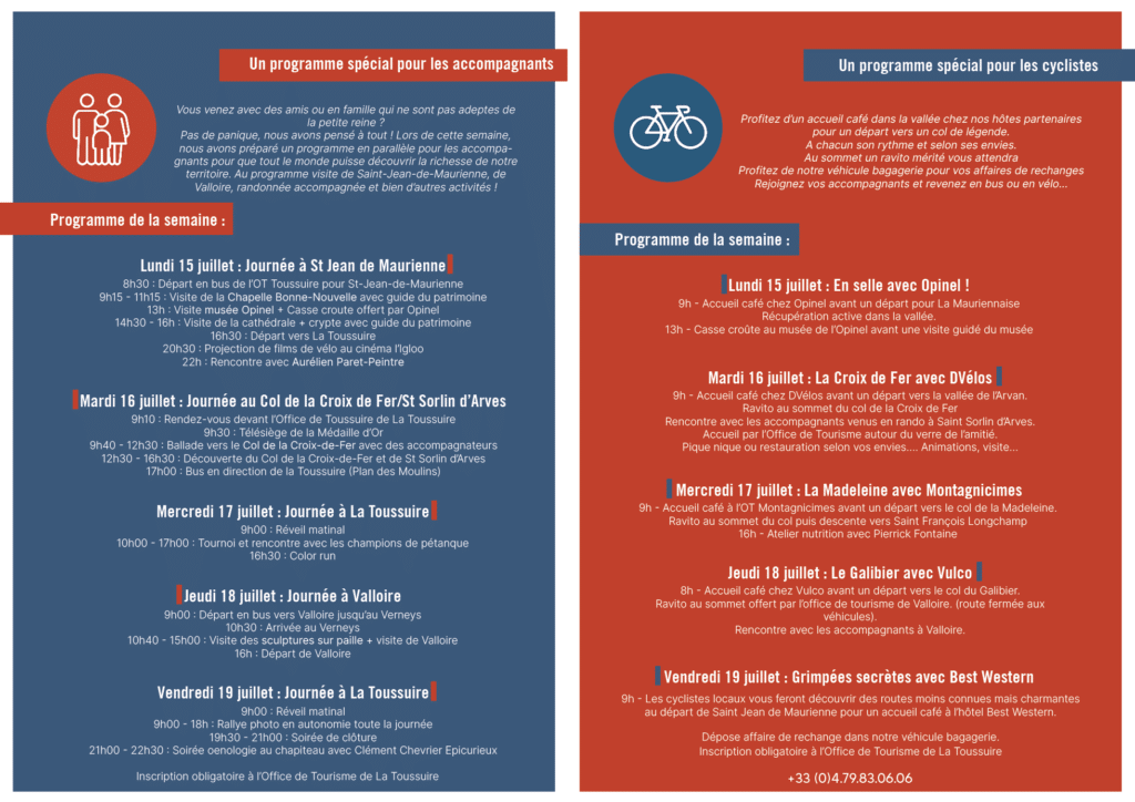 Programme de la Semaine du vélo. Nous pouvons voir d'un coté le programme pour les accompagnants et de l'autre le programme pour les cyclistes