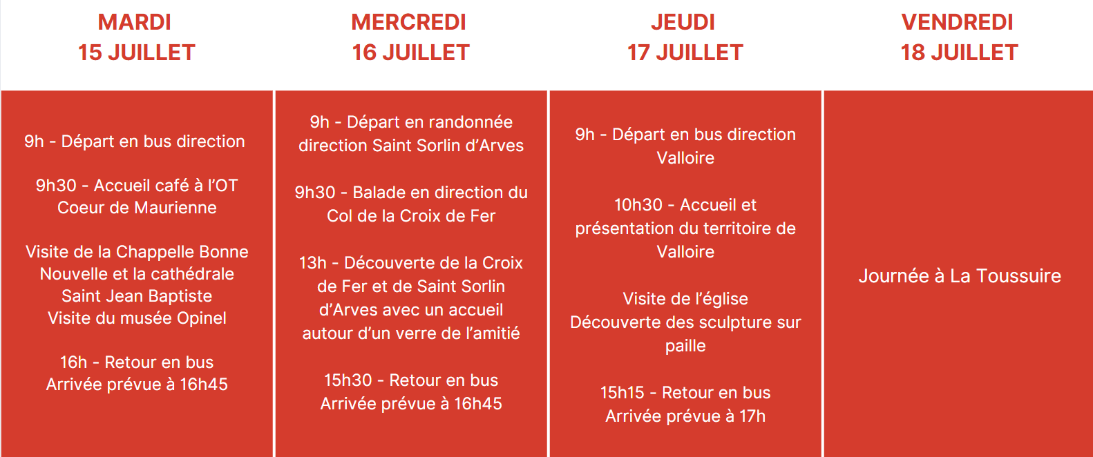 Tableau cyclo week programme accompagnant