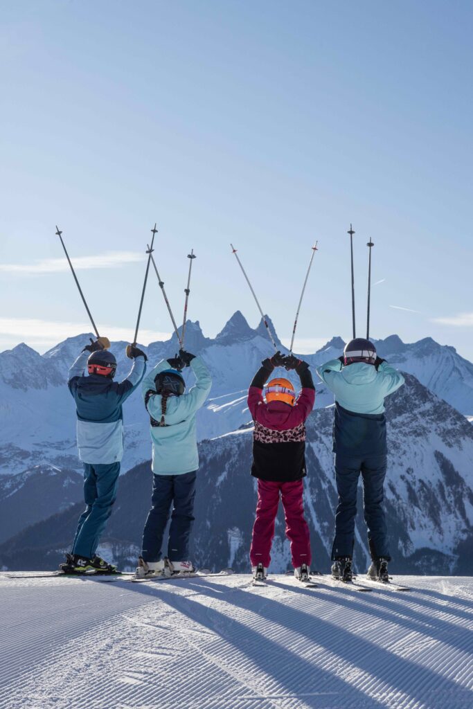 Photo en format portrait de jour en hiver. Nous pouvons voir une famille composée de 4 personnes sur des skis.