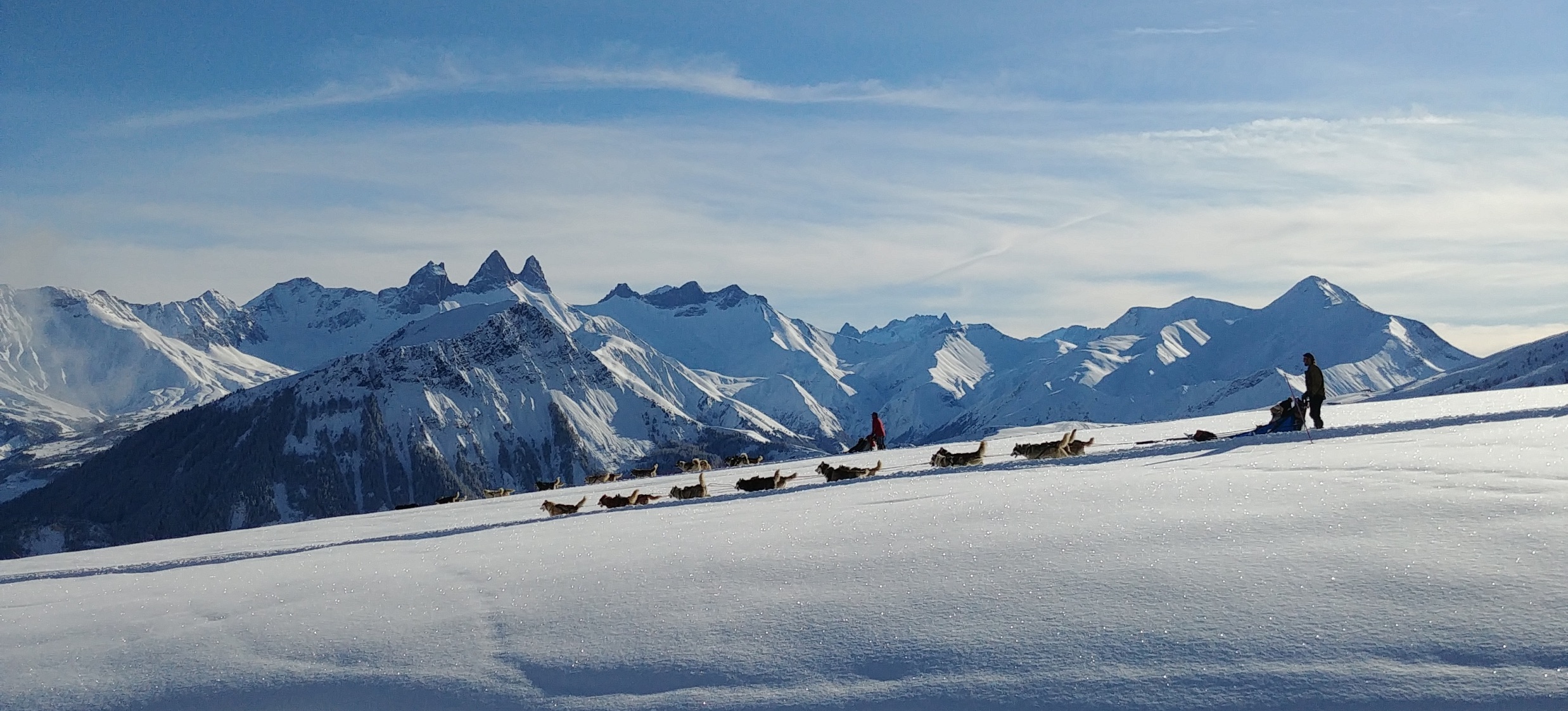 Un attelage de chiens de traineaux sur une pente enneigée avec les montagnes et les Aiguilles d'Arves au second plan