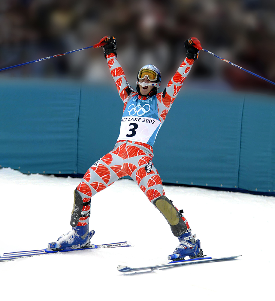 Zoom op Jean-Pierre Vidal die de overwinning viert in de Olympische Spelen van Salt Lake City in 2002. Hij behaalt de titel bij de Slalom