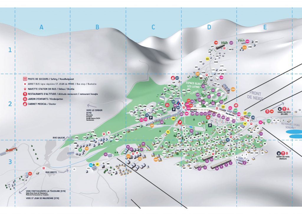 Plan de La Toussuire. La station entièrement située sur un plateau à 1800m d'altitude permet un accès facile à tous les hébergements, commerces et services ainsi qu'aux pistes de ski ou aux chemins de randonnée.