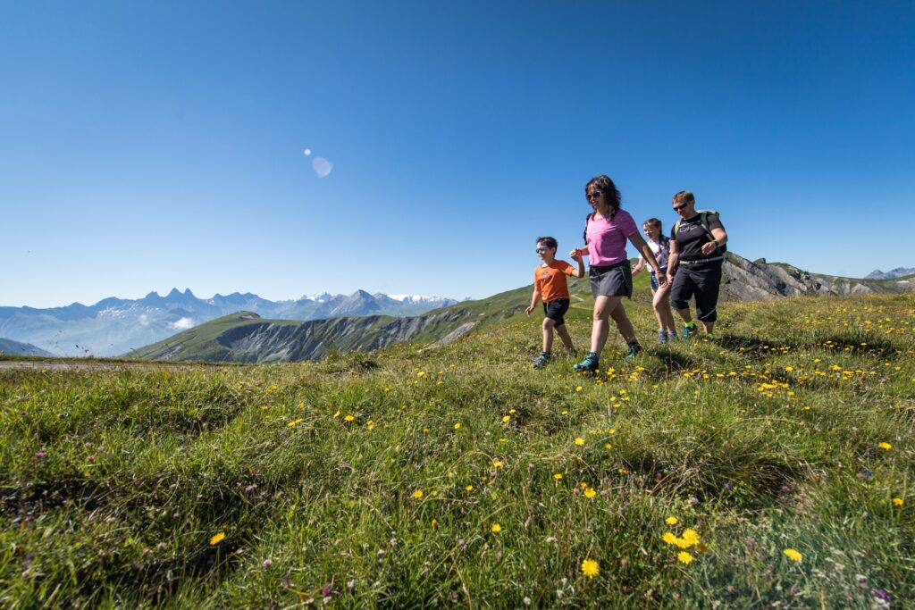 Family hiking in the mountain pastures of La Toussuire with a mountainous landscape in the background