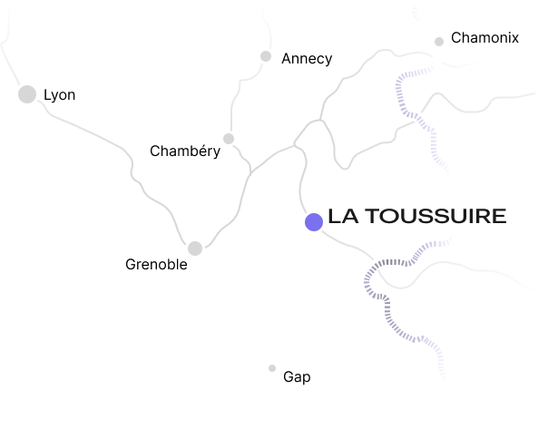 Liggingplan van La Toussuire in het hart van de Alpen. Dichtbij Chambéry en Italië In de buurt van Chambery en Italië